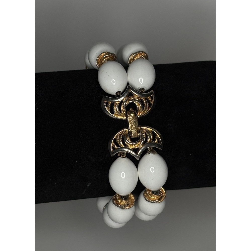Vintage Monet White Oval Bead Double Strand Bracelet Gold Tone Signed 1960s